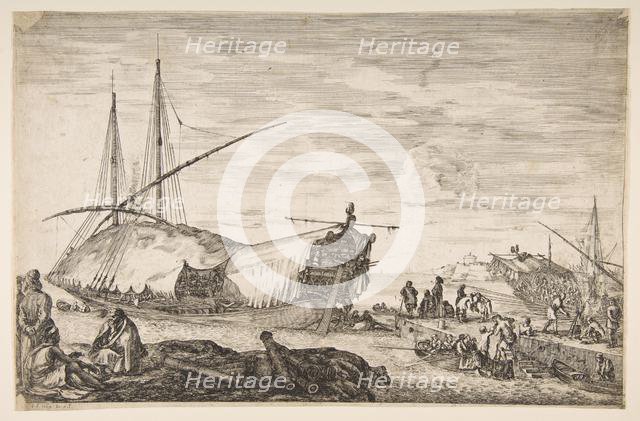 A galley covered in sails to left, six cannons and four people to left in foreground, one ..., 1655. Creator: Stefano della Bella.