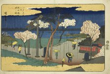 Cherry Blossoms in Rain at the Sumida Embankment (Sumida zutsumi uchu no sakura)..., c. 1832/34. Creator: Ando Hiroshige.