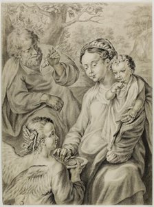 Virgin Feeding Porridge to the Christ Child, with Saint Joseph and Kneeling Angel, n.d. Creator: Abraham Delfos.
