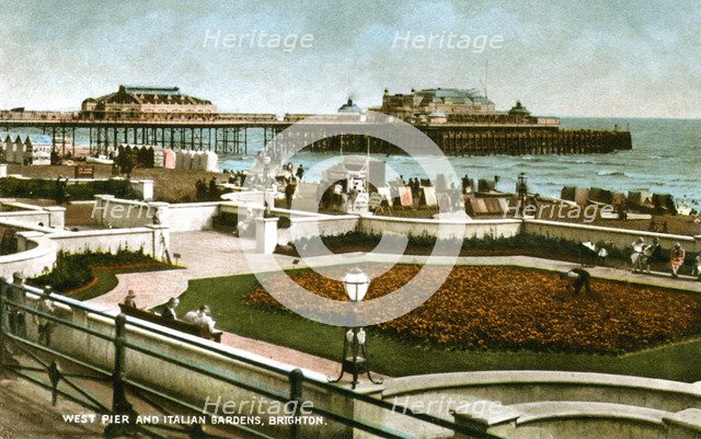 West Pier and Italian Gardens, Brighton, Sussex, 1928. Artist: Unknown