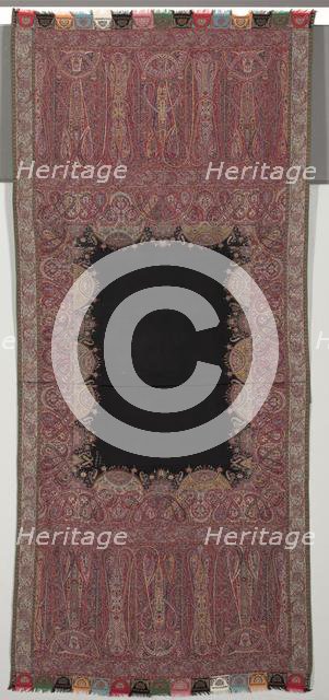 Long Shawl with Black Center and Exotic Four-Sided Gallery in Chinoiserie Style, 1840s. Creator: Unknown.