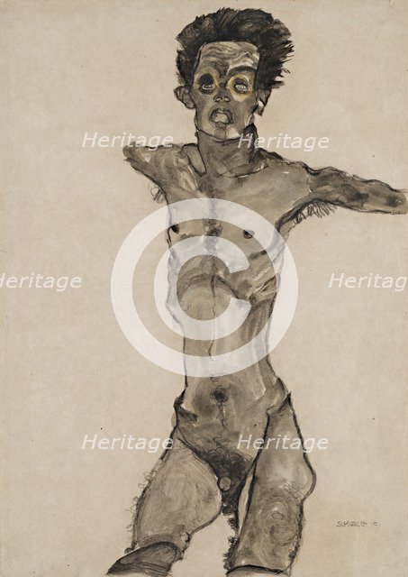 Nude Self-Portrait in Gray with Open Mouth.