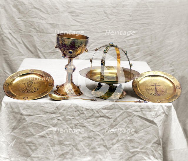 Golden vessels in the vestry of the Ipatievsky Monastery, Kostroma, 1911. Creator: Sergey Mikhaylovich Prokudin-Gorsky.