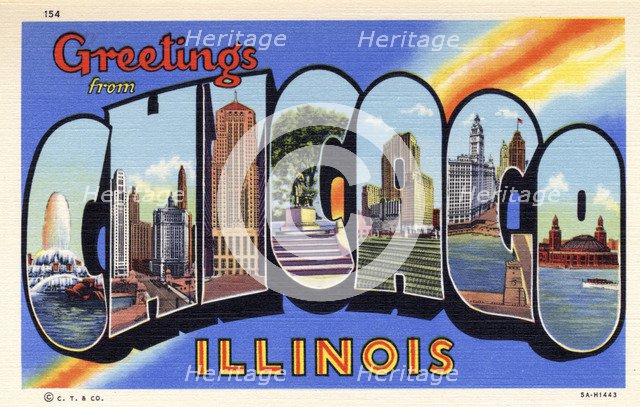 'Greetings from Chicago, Illinois', postcard, 1935. Artist: Unknown