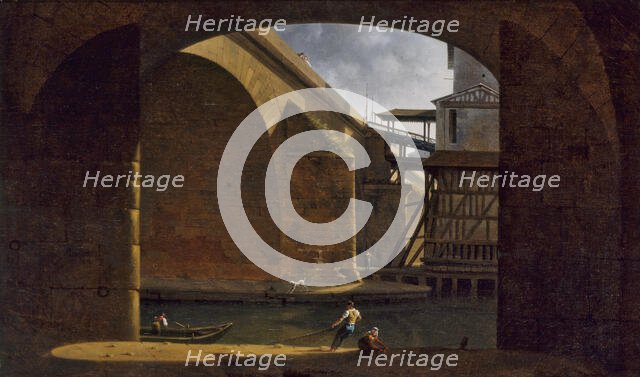 Notre-Dame Bridge and Pump, seen from the vault of Quai de Gesvres, 1816. Creator: Auguste Jacques Regnier.
