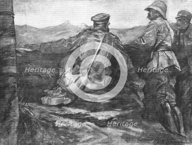 ''Le Terrain de l'offensive; Prisonnier bulgare montrant a deux officiers, un Francais..., 1918. Creator: Unknown.