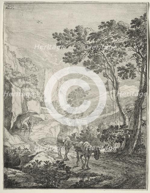 The Two Mules. Rocca Aquatico near Ancona. Creator: Jan Both (Dutch, c. 1618-1652); Matham.