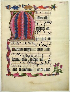 Manuscript Leaf with the Initial M, from an Antiphonary, German, ca. 1425-50. Creator: Unknown.