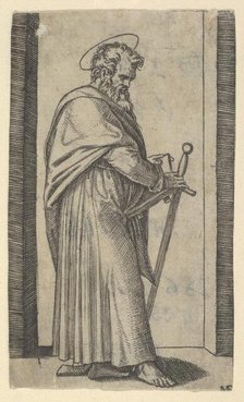 Saint Paul, sword in his right hand, from the series 'Piccoli Santi' (Small Saint..., ca. 1500-1527. Creator: Marcantonio Raimondi.