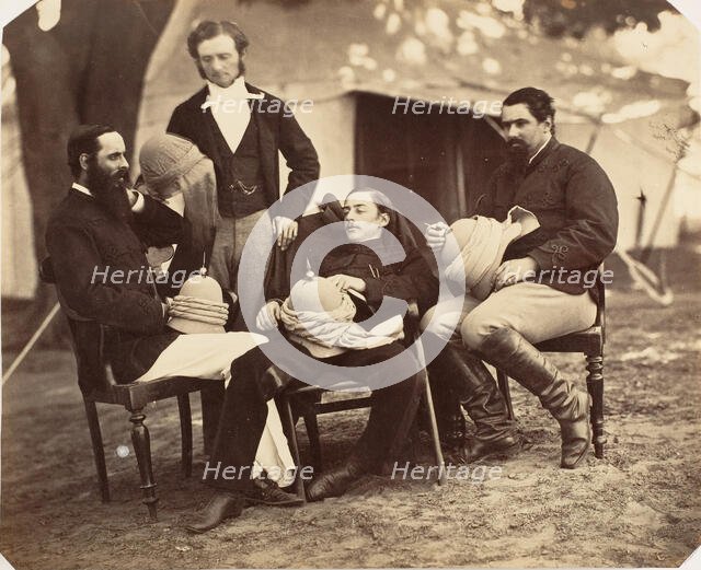 [Group portrait at the Governor Generals Camp, L-R: Maj Jones, Mr. Walters, The Governo..., 1858-61. Creator: Jean Baptiste Oscar Mallitte.