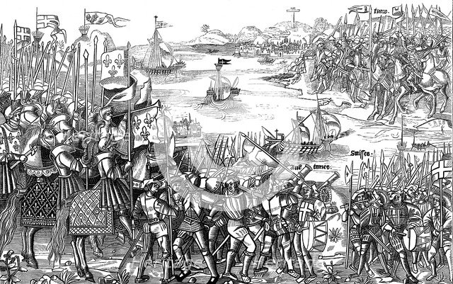 Louis IX of France disembarking at Damietta, Egypt, Seventh Crusade, 1249 (1522). Artist: Unknown