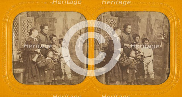 Group family portrait: elderly woman, older daughter, and four boys, about 1865. Creator: Unknown.