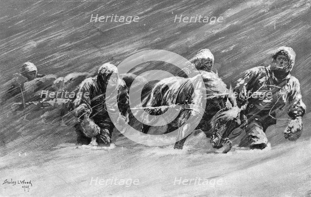 The trek during the snowstorm, 1909.  Creator: Stanley Llewellyn Wood.
