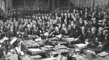 ''Face a L'agresseur, La séance historique du 3 aout 1914 a la Chambre des Communes', 1914. Creator: Samuel Begg.