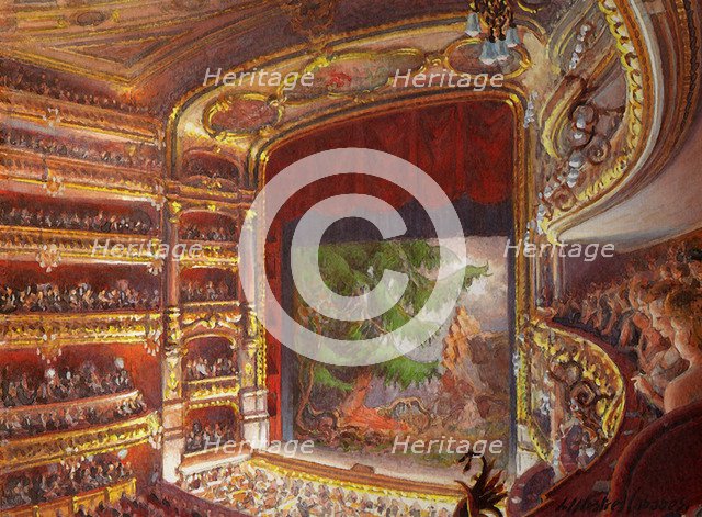 Premiere of the opera Walküre, act III, at the Gran Teatre del Liceu, Barcelona, 1899.