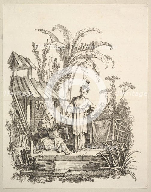 A Seated Chinese Man and a Woman Carrying a Fish, ca. 1742. Creator: Gabriel Huquier.