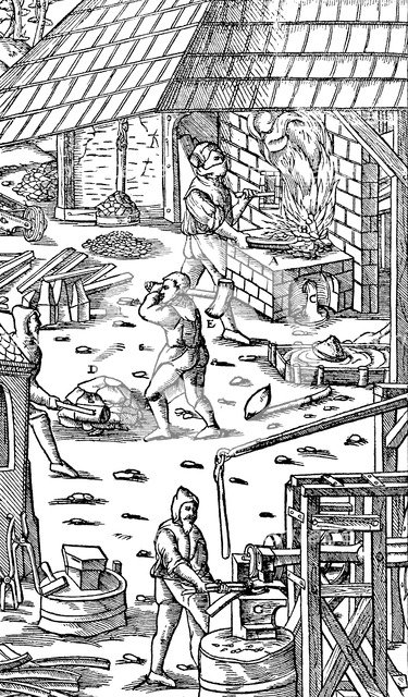 Smelting iron and hammering bars with a mechanical hammer, 1556. Artist: Unknown