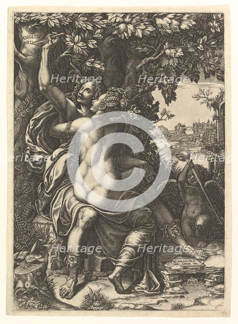 Angelica and Medoro; the couple embracing, Medoro carving their names in the bark of a..., ca. 1570. Creator: Giorgio Ghisi.