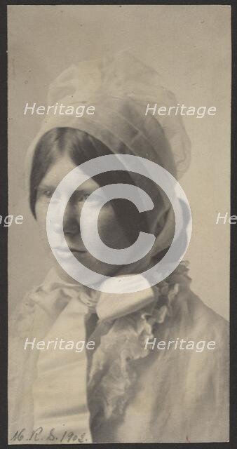 Portrait of woman in bonnet, 1908. Creator: Mary R Stanbery.