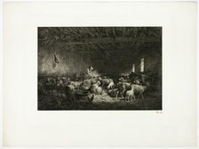 The Large Sheepcot (horizontal plate), 1859. Creator: Charles Emile Jacque.