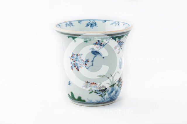 Beaker with underglaze blue birds, grasses and flowers, 1660-1677. Artist: Unknown.