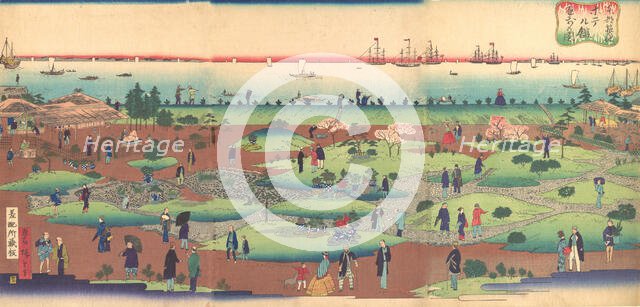 Illustration of the Front Garden of the Tsukiji Hotel in the Eastern Capital (Toto ..., ca. 1868-72. Creator: Utagawa Hiroshige III.