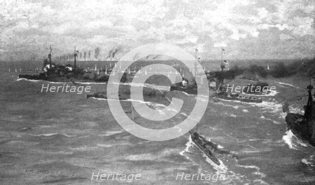 ' Au fort de la bataille Jutland ; Trois croiseurs de bataille britanniques, suivis de..., 1916. Creator: Charles Pears.