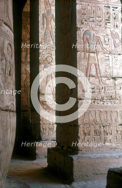 Egyptian gods engraved on pillars, Mortuary Temple, Medinat Habu, Egypt, c12th century BC. Artist: Unknown
