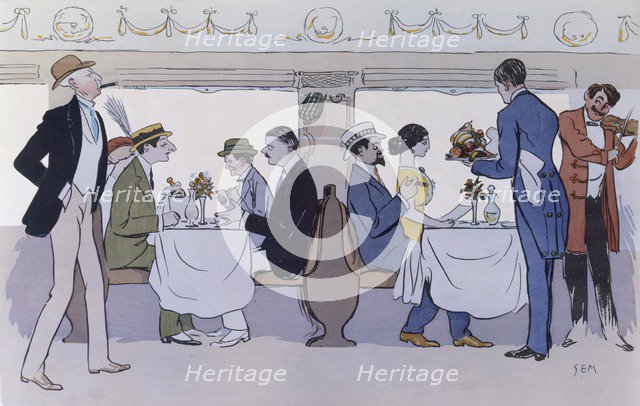 Restaurant Car on the Paris to Nice Train, pub. 1913 (colour lithograph)