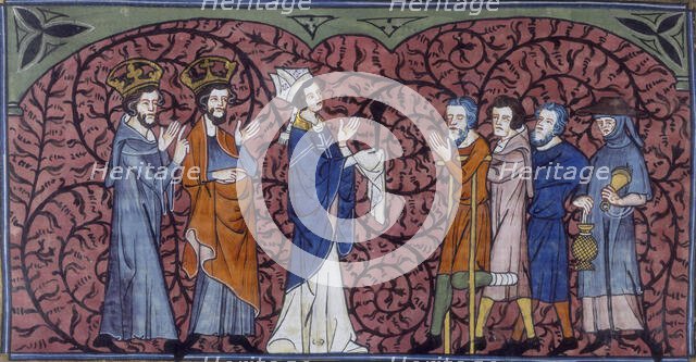 A Bishop and clergy greeting beggars and pilgrims, c1325-c1350. Creator: Unknown.