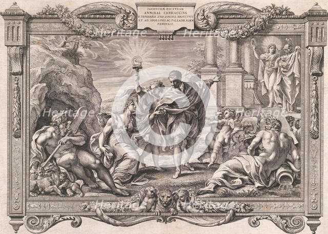 Annibale Carracci Introduces Painting to Apollo and Minerva, 1674. Creator: Pietro Aquila.