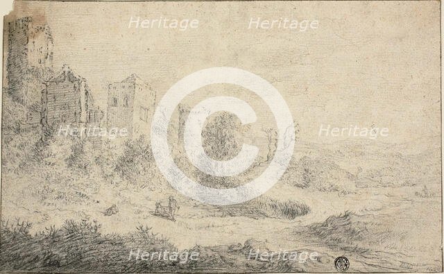 Landscape with Ruined Castle and Three Figures, 1664. Creator: Pieter Molijn.