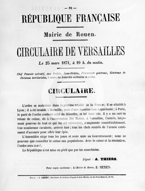 Circulaire de Versailles, from French Political posters of the Paris Commune,  May 1871. Artist: Unknown