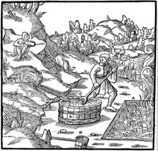Producing salt by evaporating natural brine by pouring it into a pit of burning charcoal, 1556 Artist: Unknown