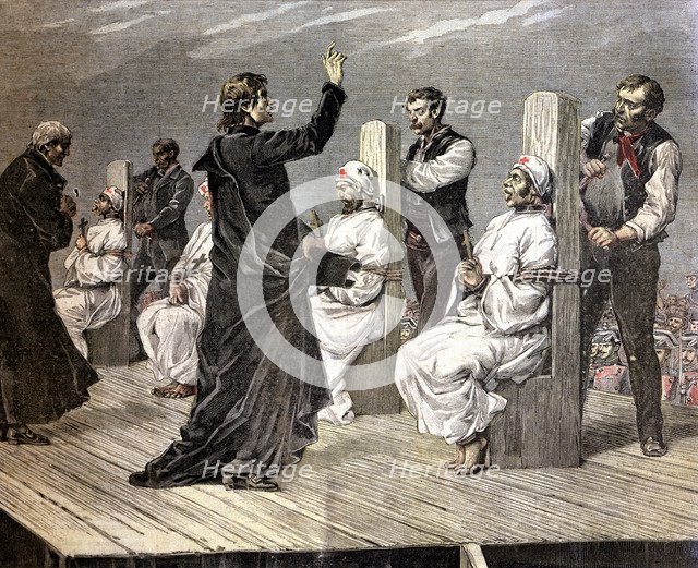 Execution of anarchists to garotte in Jerez de la Frontera, 1892, color etching.