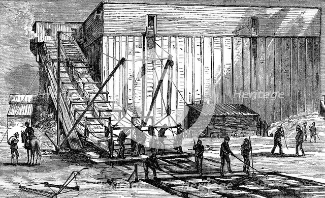 Steam-powered ice elevator, Hudson River near New York, USA, 1875. Artist: Unknown