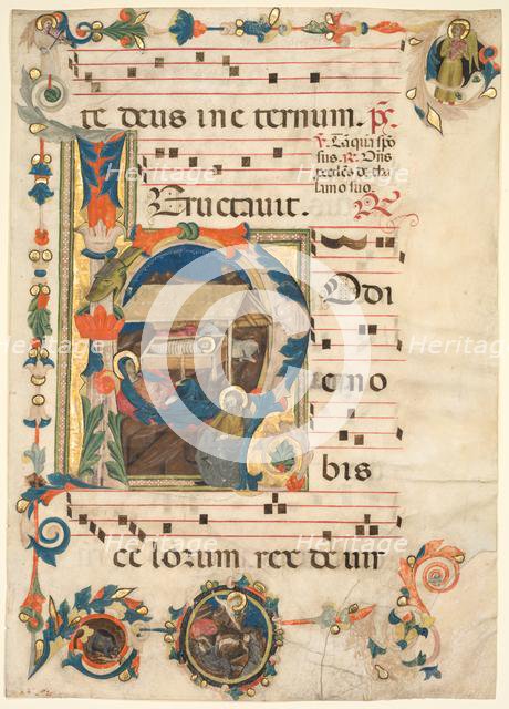 Leaf from an Antiphonary with Historiated Initial (H) with The Nativity (recto) and Music (verso). Creator: Unknown.