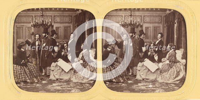 Parlor scene comprised of well-dressed people, about 1860. Creator: Unknown.