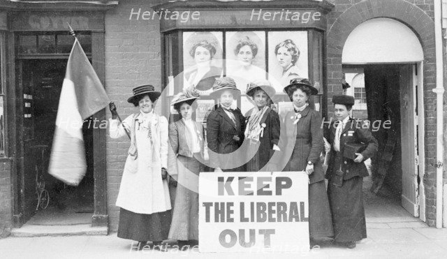Suffragettes determined to 'Keep the Liberal Out', 1909. Artist: Unknown