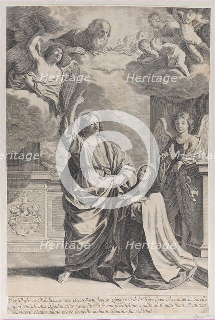 Saint Theresa praying alongside Christ, who points upwards to God the Father and the ..., 1635-1700. Creator: Gilles Rousselet.