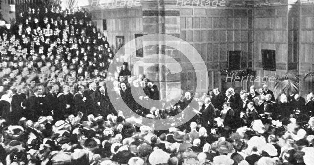 The King declaring open the new speech-room at Rugby School, 1909. Creator: Graphic Photo Union.