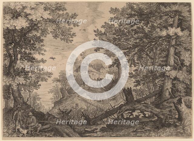 Woodland Scene with Two Hunters and a Dog to the Left, probably c. 1609. Creator: Aegidius Sadeler II.