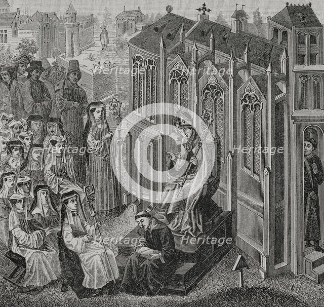 Canonesses gathered in Nivelles, where Walcaud, bishop of Liège, (810-832)...late 14th cent (1877).  Creator: Unknown.