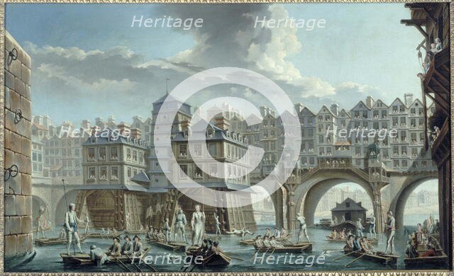 Sailors' joust, between Notre-Dame bridge and the Pont au Change, 1756. Creator: Nicolas Raguenet.