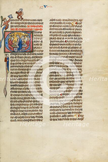 Initial E: A Christian and a Jew Transacting the Sale of a Golden Goblet, about 1290-1310. Creator: Unknown.