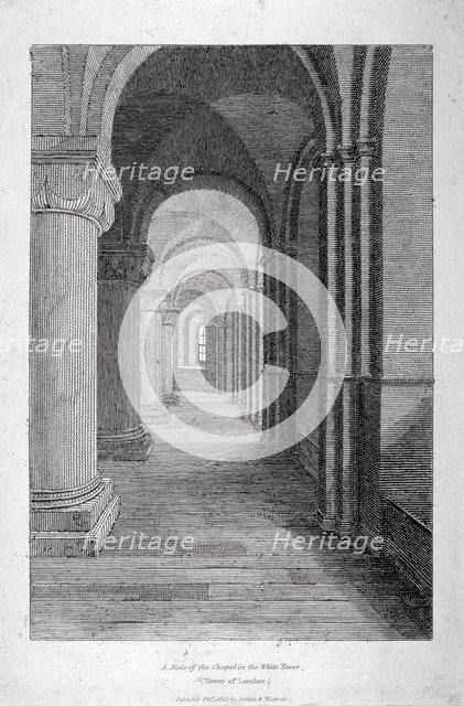 Interior view of the south aisle of St John's Chapel in the White Tower, Tower of London, 1805. Artist: Anon
