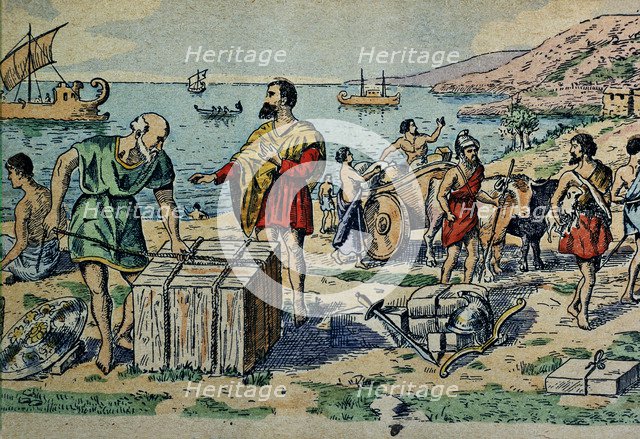 Arrival of the Phoenicians to the coast of the Iberian Peninsula, drawing, 1900.