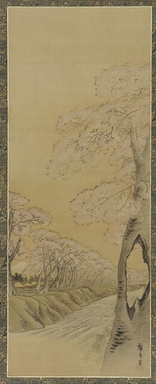 Landscape: flowering cherry trees along the banks of a stream, Edo period, 1615-1868. Creator: Utagawa Hiroshige II.