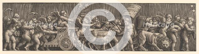 Frieze arrangement depicting the Triumph of Love; Cupid in a Chariot led by goats, man..., 1530-60. Creator: Master of the Die.
