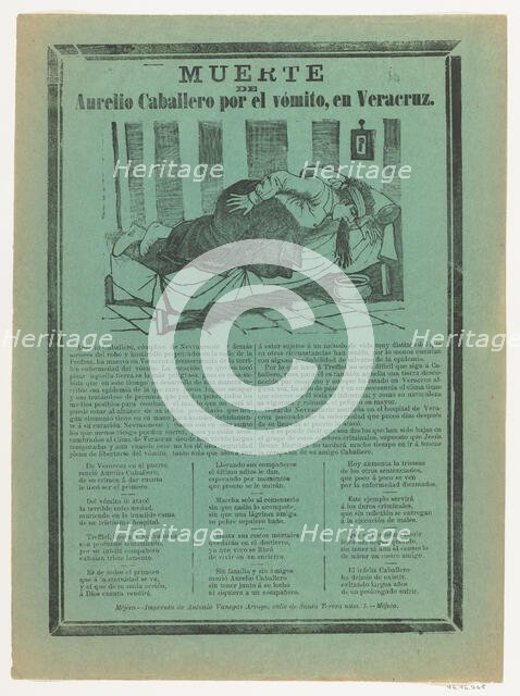 Broadside relating to Aurelio Cabellero who died from vomiting, ca. 1890-1900., ca. 1890-1900. Creator: José Guadalupe Posada.